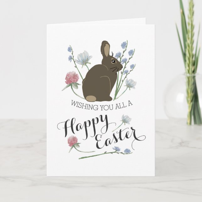 Tarjeta Elegantes flores silvestres y conejito marrón, Pas (Anverso)