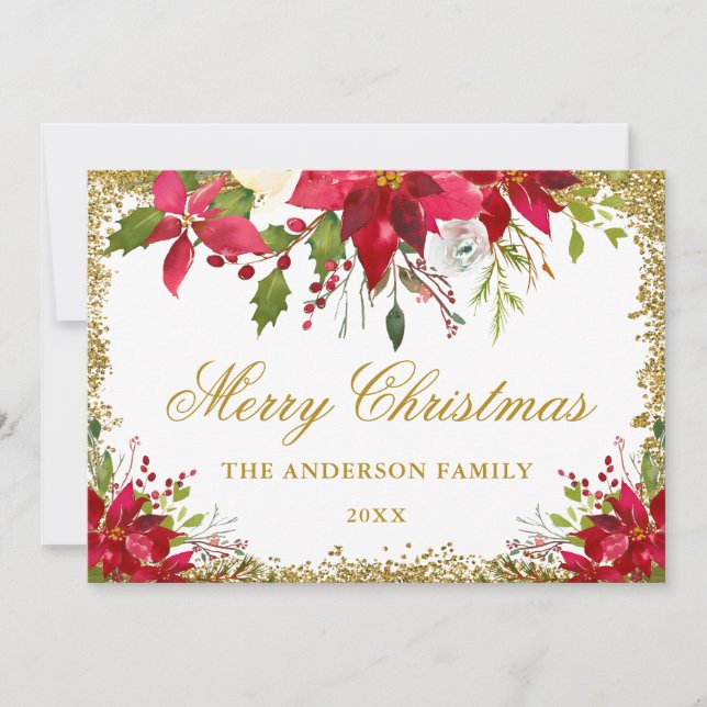 Tarjeta Elegantes Navidades de Poinsettia Floral Purpurina (Anverso)