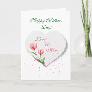 Tarjeta Elegantes Tulipanes Rosados y Corazón de Papel par