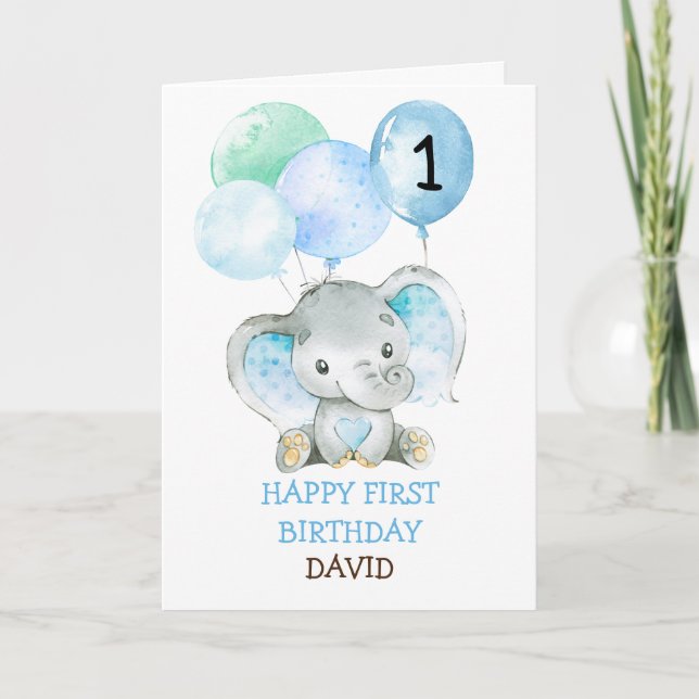 Tarjeta Elephant Blue Boy Fist Birthday Cute 1er cumpleaño (Anverso)