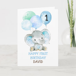 Tarjeta Elephant Blue Boy Fist Birthday Cute 1er cumpleaño