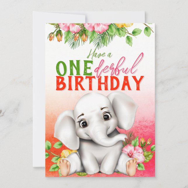 Tarjeta Elephant Floral 1st Birthday (Anverso)