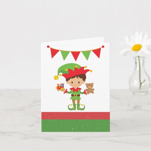 Tarjeta Elf con regalos y fondo blanco (Planta pequeña)
