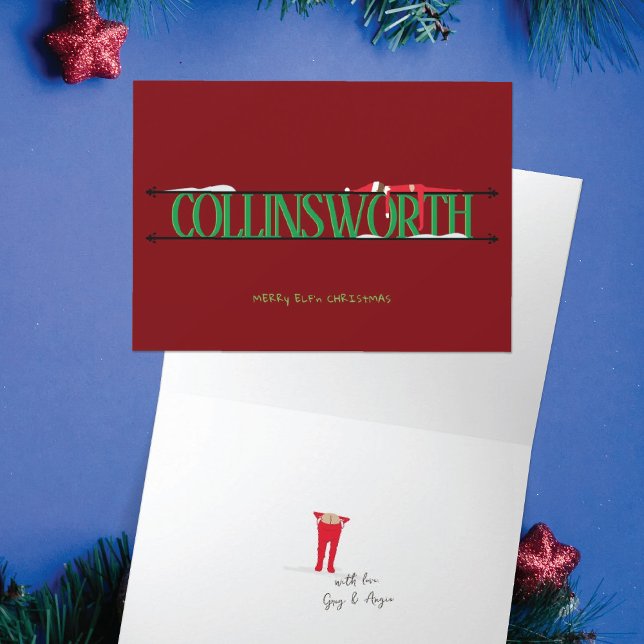 Tarjeta Elf Shenanigans Nombre Rótulo Rojo y Verde Doblado (Subido por el creador)
