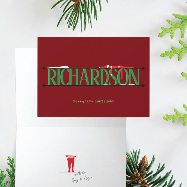 Tarjeta Elf Shenanigans Nombre Rótulo Rojo y Verde Doblado (Subido por el creador)