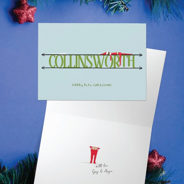 Tarjeta Elf Shenanigans Nombre Rótulo Verde y Azul Doblado (Subido por el creador)