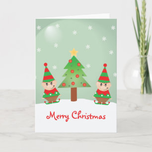 Tarjeta Elf Y Árbol De Navidad Con Copos De Nieve