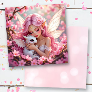 Tarjeta Elfa Hada Elfica Rosa Bonita y Dragón en Blanco