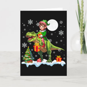 Tarjeta Elfo montando árbol de Navidad T-rex Luces Colorid