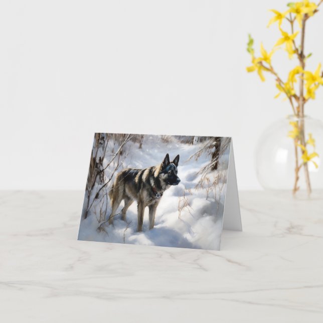 Tarjeta Elkhound noruego deja que nieve Navidades (flor amarilla)