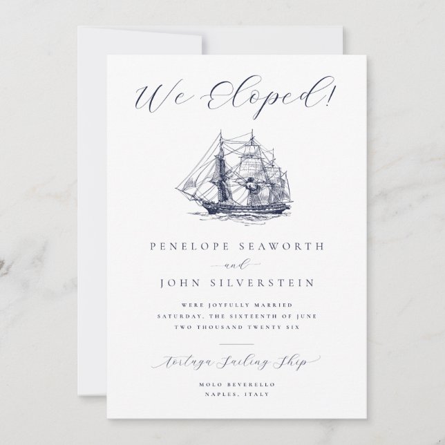 Tarjeta Elopement de Boda Nautical Ship Ilustracio (Anverso)