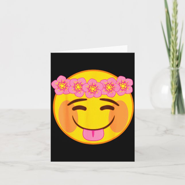 Tarjeta Emoji Flower Crown Tongue Yellow Smile Face  (Anverso)