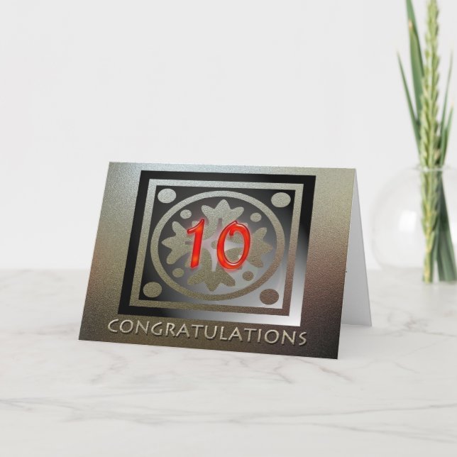 Tarjeta Empleado 10° Aniversario Elegante Rojo Dorado (Anverso)
