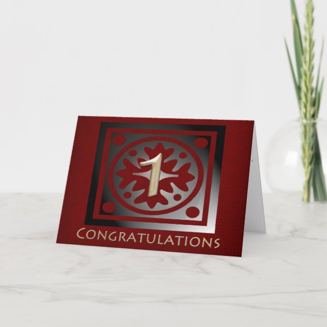 Tarjeta Empleado 1 año Aniversario Elegante Rojo Dorado (Anverso)