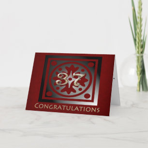 Tarjeta Empleado 37 Año Aniversario Elegante Dorado Rojo