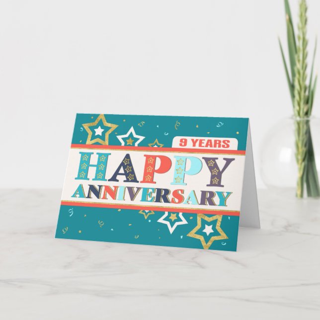 Tarjeta Empleado 9° Aniversario Colores y estrellas audace (Anverso)