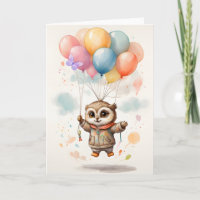 Tarjeta en blanco con búho de acuarela y globos de
