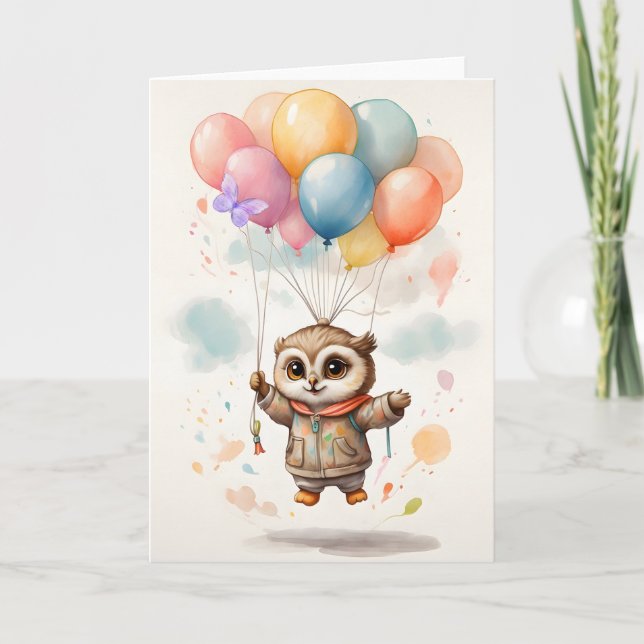 Tarjeta en blanco con búho de acuarela y globos de (Anverso)