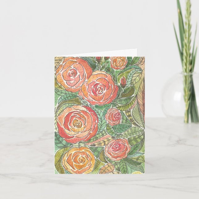 Tarjeta en blanco con rosas florales acuarela (Anverso)