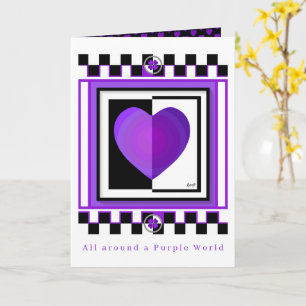 Tarjeta en blanco de corazones morados latiendo de