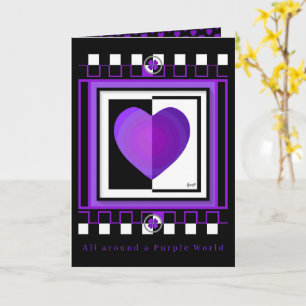 Tarjeta en blanco de corazones morados latiendo de