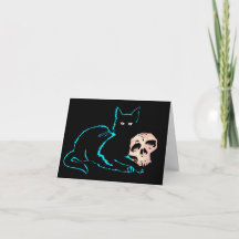 Tarjeta en blanco de Halloween para gato y cráneo