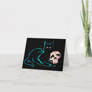 Tarjeta en blanco de Halloween para gato y cráneo