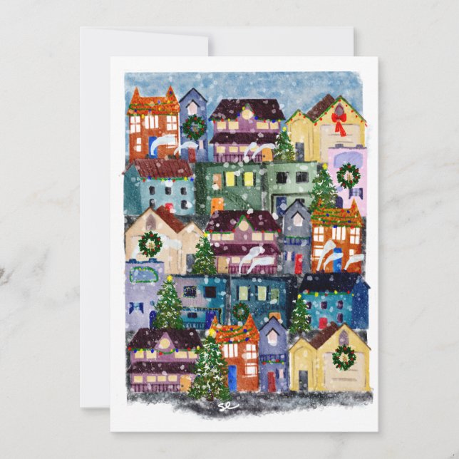 Tarjeta en blanco de la ciudad de invierno festiva (Anverso)
