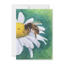 Tarjeta en blanco de margarita alegre y abeja