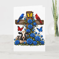 Tarjeta en blanco de rosas azules de cruz rústica