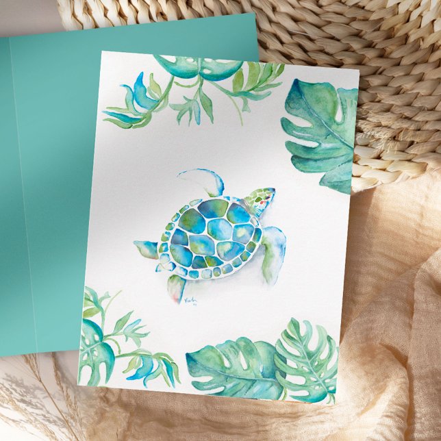 Tarjeta en blanco de tortuga marina acuarela (Sea turtle thank you cards blank with palm leaves watercolor art by Victoria Grigaliunas)