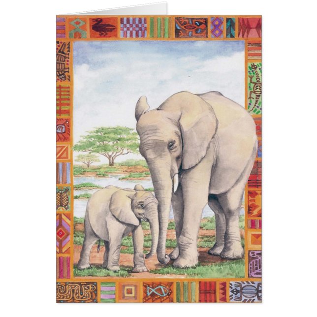Tarjeta en blanco del elefante y del bebé (Frente)