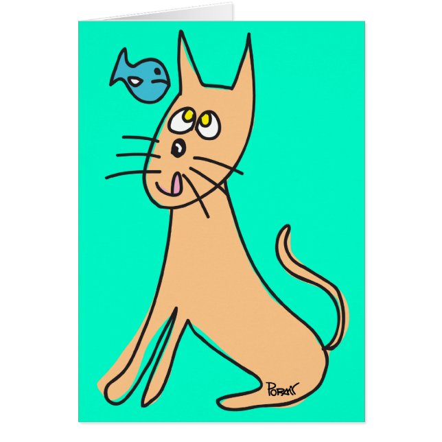 Tarjeta en blanco del gato y de los pescados (Frente)