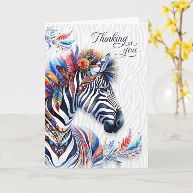 Tarjeta en blanco estilo boho con plumas de cebra  (flor amarilla)