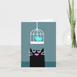 Tarjeta en blanco para gato y pájaro azul negro