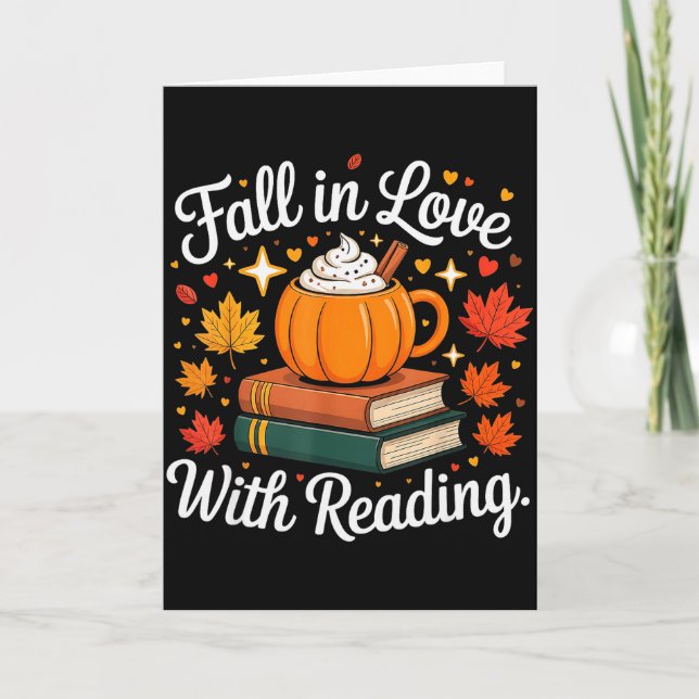 Tarjeta Enamórate de leer taza de calabaza de otoño libro  (Anverso)