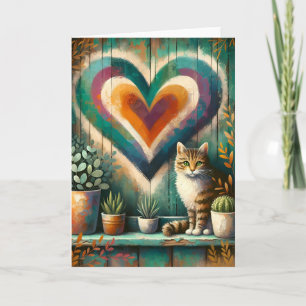 Tarjeta Encantador Corazón de Gato Rústico Verde Turquesa,