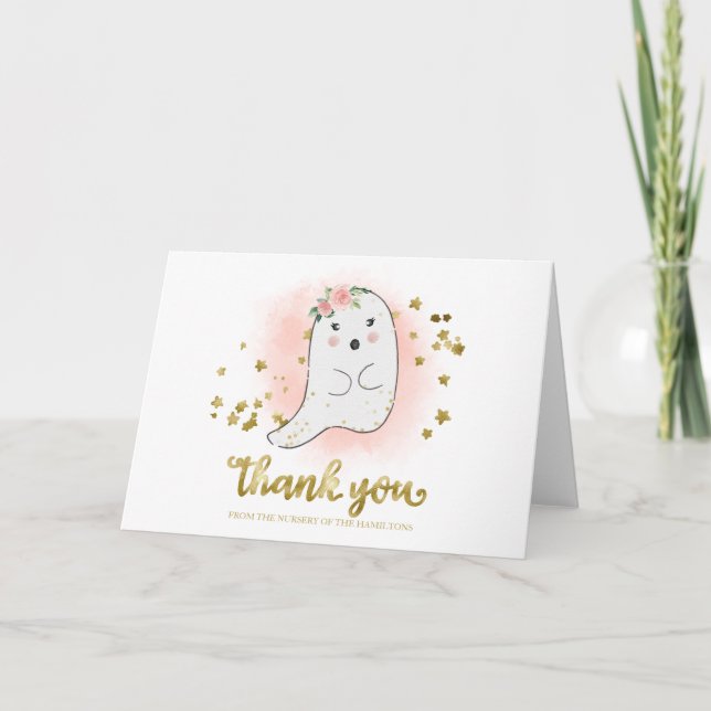 Tarjeta Encantador Fantasma Halloween Baby Shower Gracias (Anverso)