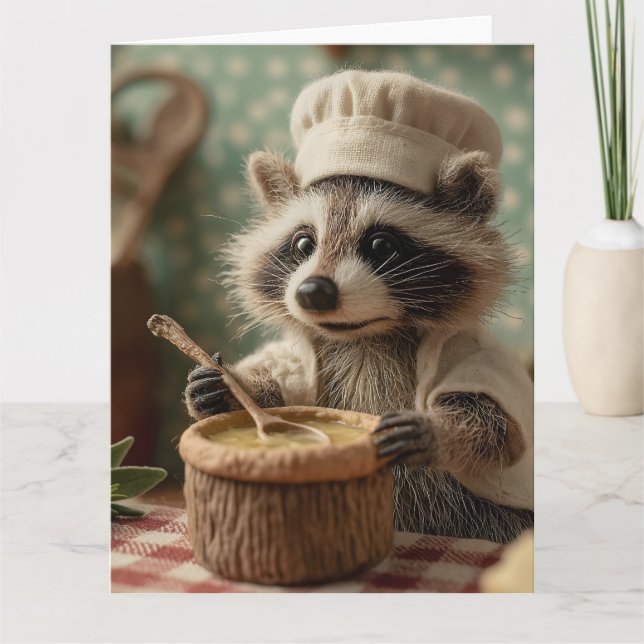 Tarjeta Encantador y amable chef de Raccoon que agita un b (Anverso)