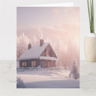 Tarjeta Encantadora cabaña de madera cubierta de nieve en