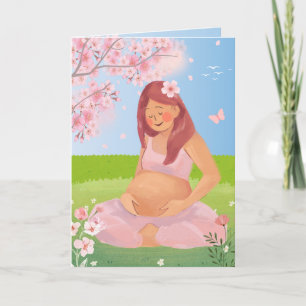 Tarjeta Encantadora madre embarazada pastel en la naturale