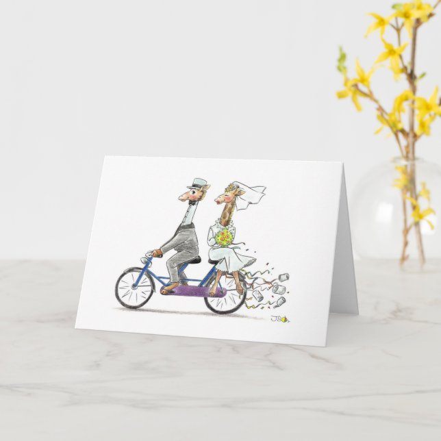Tarjeta encantadora pareja boda giraffe en bicicleta (flor amarilla)