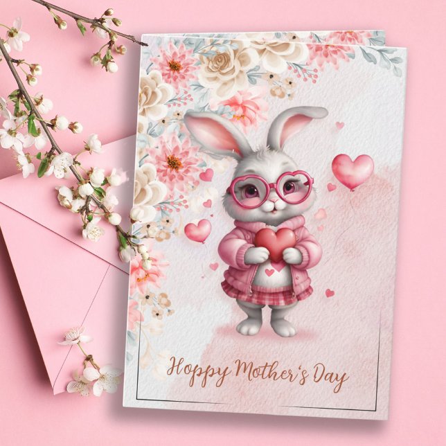 Tarjeta Encanto floral rosado y el día de la madre dulce c (Pink Floral Charm & Love Sweet Bunny Mother's Day Card)