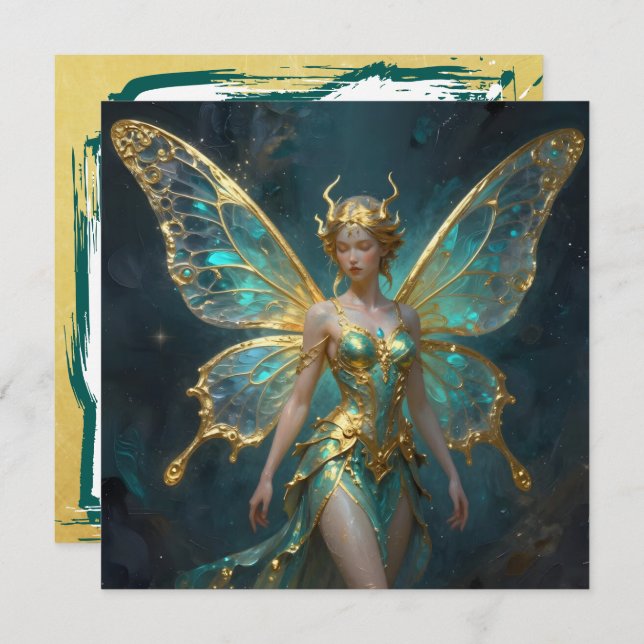 Tarjeta Enchanted Fairy in Gold and Turquoise Blank (Anverso / Reverso)