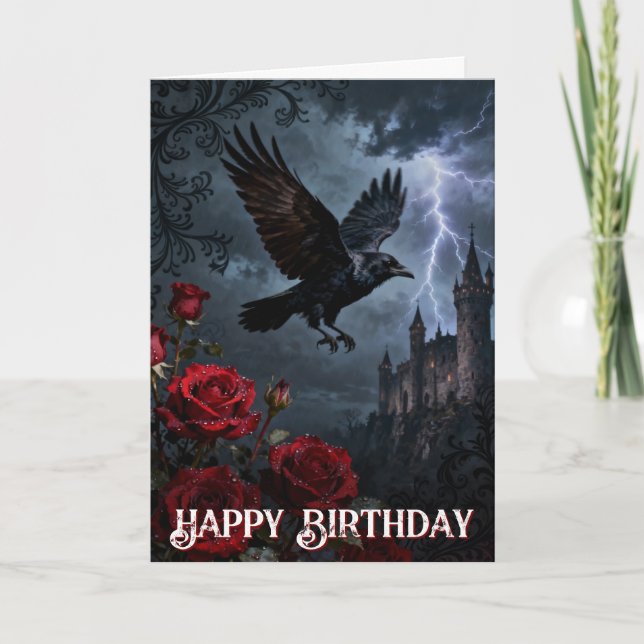 Tarjeta Enchanted Spooky Gothic Castle Raven Birthday (Anverso)