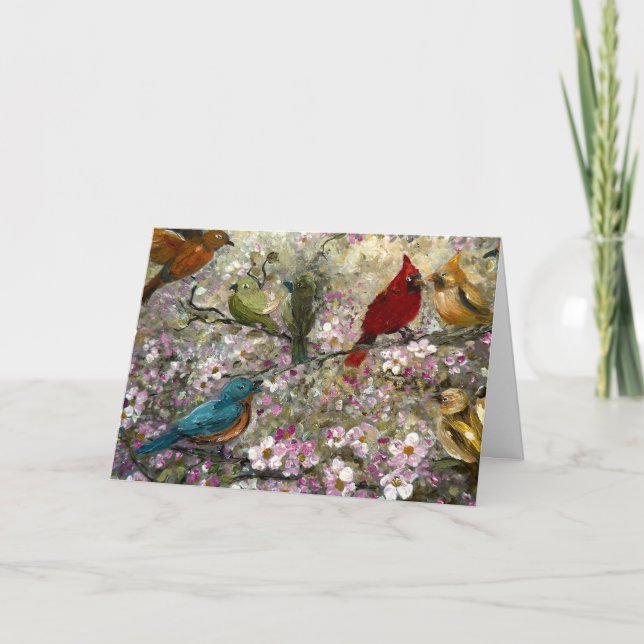 Tarjeta Encuentro de primavera: Regalos de pájaros cantore (Anverso)
