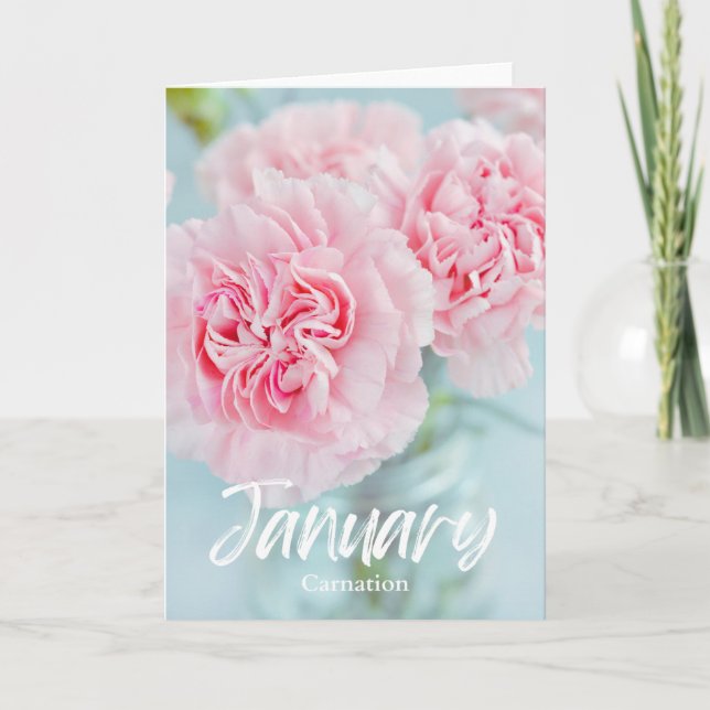 Tarjeta Enero Carnación Rosa Nacimiento Mes Flor Cumpleaño (Anverso)