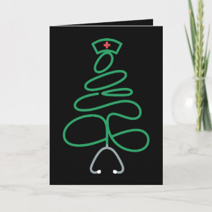 Tarjeta Enfermera de Navidad Estetoscopio Árbol Gorro de P