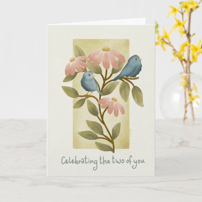 Tarjeta Engagement Congratulations Watercolor Blue Birds a (flor amarilla)