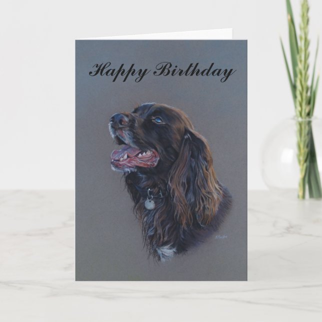 Tarjeta Engáñate al perro español Cocker. Feliz cumpleaños (Anverso)